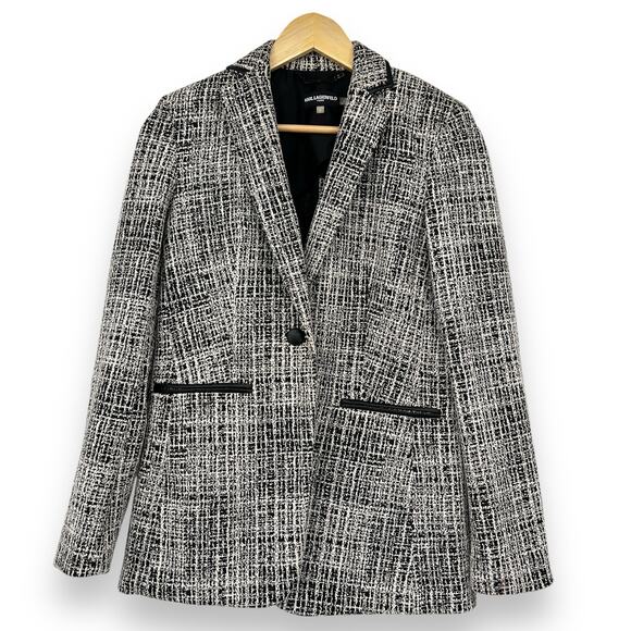 Karl Lagerfeld Paris Womens 0 Tweed Faux Leather Trim One-Button Blazer Black - Picture 3 of 12